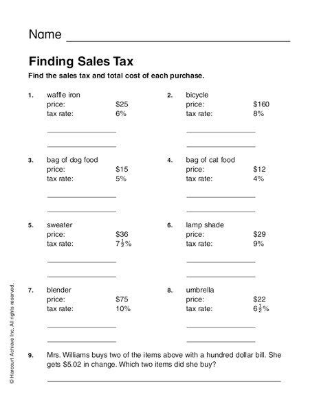 calculating sales tax worksheet for middle school